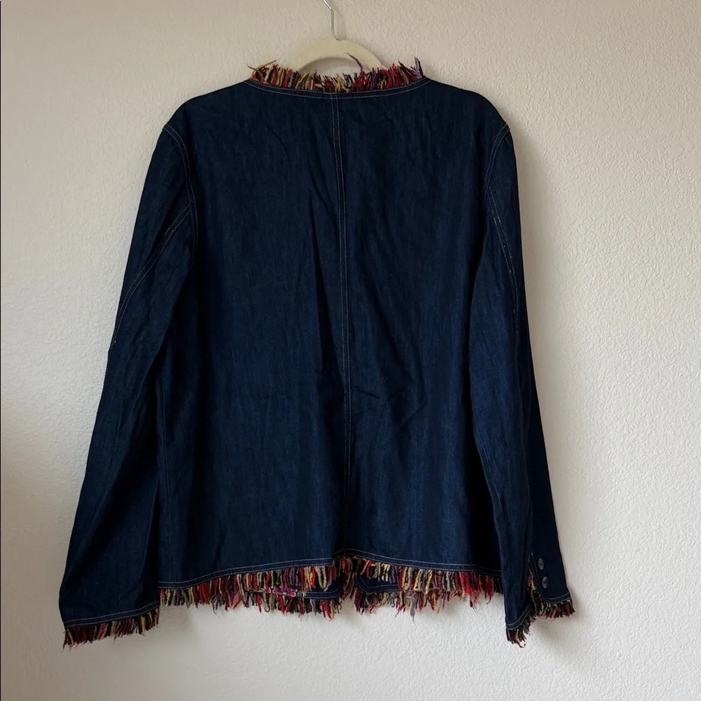 Koret Denim Jacket Fringe Trim Indigo Boho Jean Jacket Womens XL